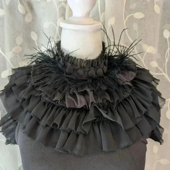 Twelve by Twelve Black Sleeveless Mock Turtle Neck with Ruffles and Feathers, S - Picture 2 of 8